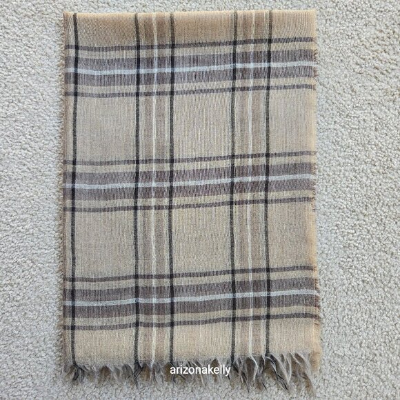 Accessories - Lightweight Wool Scarf Tan and Brown Plaid